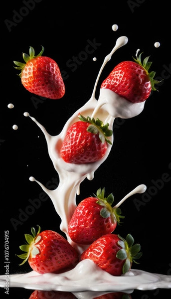 Fototapeta Strawberry Falling into Milk Splash on Black Background