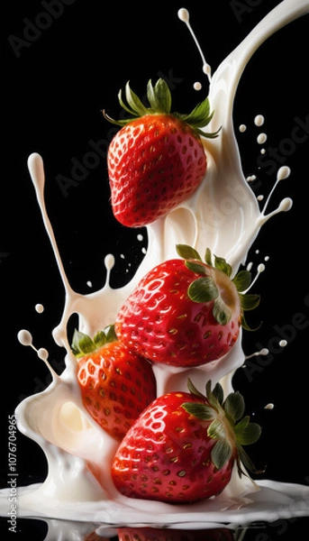 Fototapeta Strawberry Falling into Milk Splash on Black Background