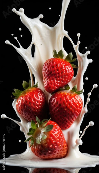 Fototapeta Strawberry Falling into Milk Splash on Black Background