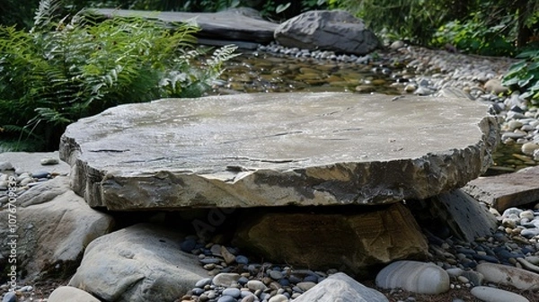 Obraz flat stone podium on a rock platform serves as a stylish showcase against a backdrop of verdant forest scenery