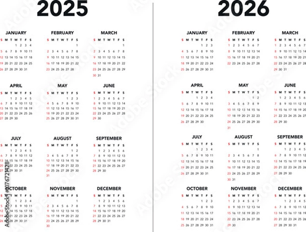 Fototapeta Calendar 2025 and 2026 vector templates start Sunday simple design