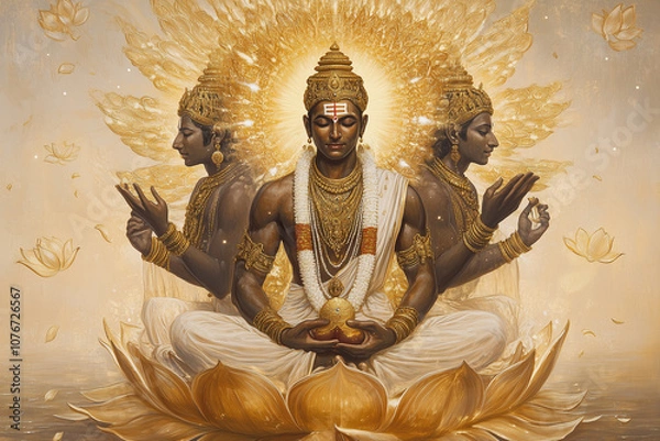 Fototapeta Brahma seated majestically on a golden lotus throne