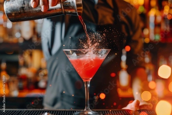 Obraz A vivid photo of a bartender pouring a cocktail into a martini glass, with festive lights twinkling in the background, capturing a lively celebration atmosphere.