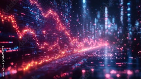 Obraz Abstract digital landscape with glowing data visualizations.