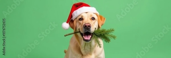 Fototapeta A dog of the Labrador breed in a red Santa hat and a twig of spruce in his teeth on a monochromatic background