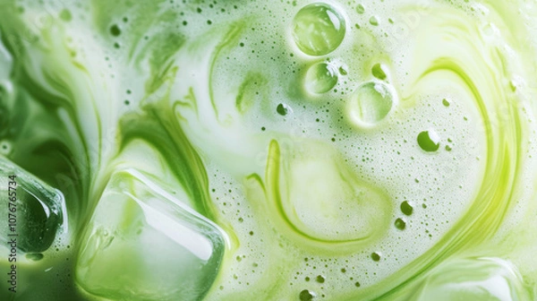Fototapeta Close up of vibrant green iced matcha latte with creamy swirls and ice