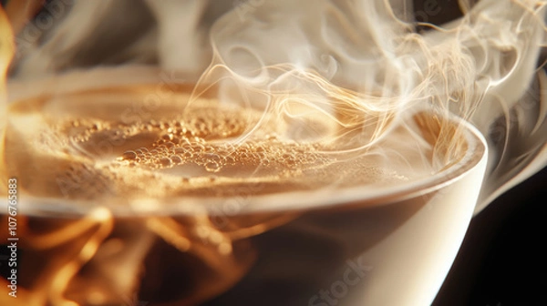 Fototapeta Steaming cup of coffee with intricate bubbles and soft lighting