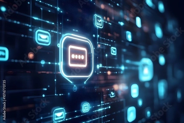 Fototapeta Futuristic chatbot icons in glowing blue message bubbles, representing AI communication, floating in a vibrant dark background with bokeh effects