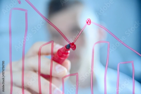 Obraz Businessman drawing bar graphs with red marker on transparent glass board