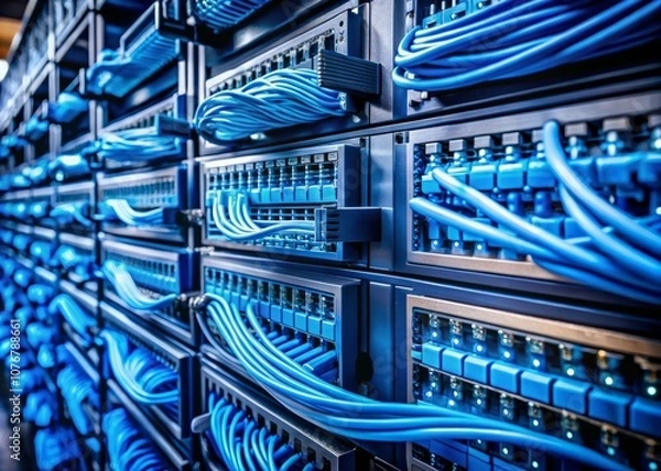 Obraz Close-Up of Blue Network Cables in a Server Rack Against a Dark Background, Highlighting Modern Technology and Data Architecture Concepts for Digital Transformation