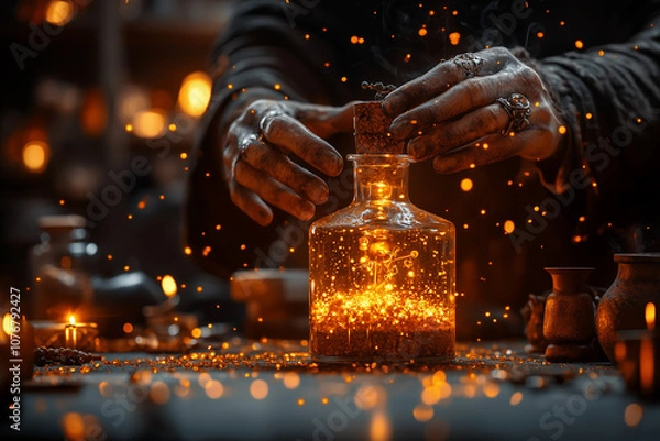 Fototapeta Alchemist table concept background. Wizard brew a magi potion close up background.