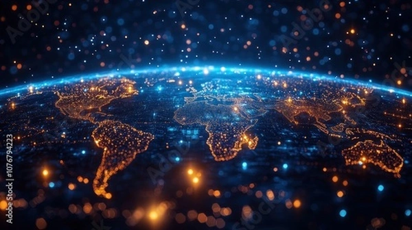 Obraz A digital representation of Earth with glowing city lights.