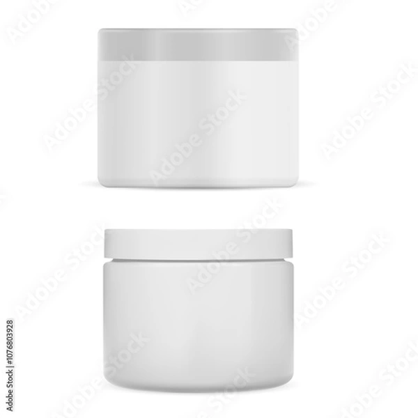 Obraz Cosmetic cream jar. White plastic container mockup. Face cream package clear template. Lotion jar mockup blank illustration. Luxury hand ointment pack for identity advertisement