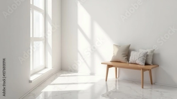 Fototapeta Entryway accent pieces. A bright, minimal hallway with a wooden bench and decorative pillows. Sunlight pours through the window, highlighting the floor.