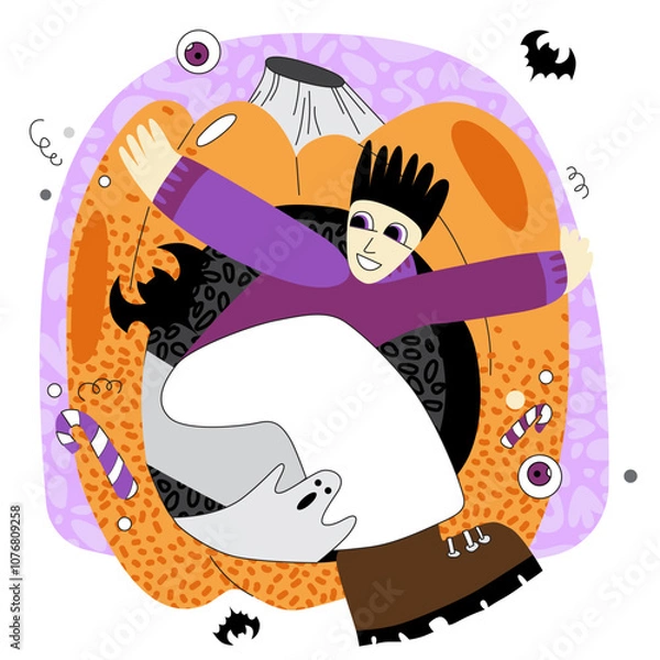 Fototapeta Vector illustration in doodle and flat style on Halloween theme in purple and orange shades. Man in witch hat and with pumpkin. Illustration on Halloween theme.