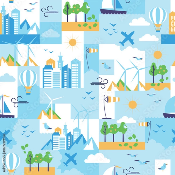 Fototapeta A Colorful Cityscape Featuring Vibrant Nature and Exciting Air Travel Elements All Around