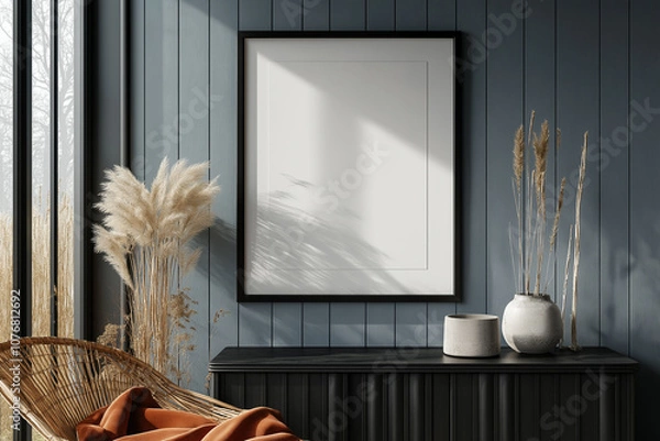 Fototapeta Modern Dark Room Interior With Poster Frame: Gray Cabinet And Thoughtful Decorations Creating A Stylish Mockup For Artwork Display
