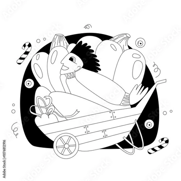 Fototapeta Vector illustration in doodle and flat style on Halloween theme in purple and orange shades. Man in witch hat and with pumpkin. Illustration on Halloween theme.