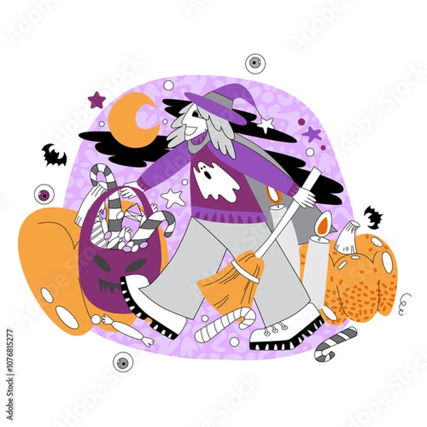 Fototapeta Vector illustration in doodle and flat style on Halloween theme in purple and orange shades. Man in witch hat and with pumpkin. Illustration on Halloween theme.