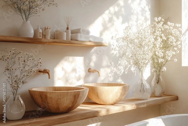 Fototapeta Boho Bathroom Design With Wood Elements: Sunlit Interior Featuring Double Sink, Wooden Shelf, And Bathtub In Minimalist, White-Walled Space