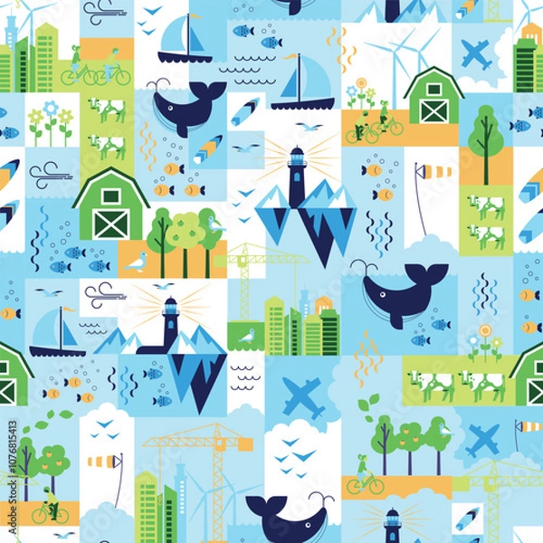 Fototapeta A Beautifully Colorful Pattern Showcasing Nature and Various Adventure Scenes and Scenarios