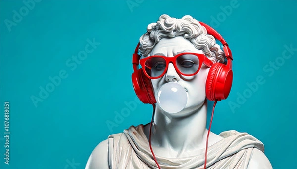 Obraz 3d render of Greek statue wearing headphones, wearing red framed sunglasses, blowing gum, isolated on blue background, with copy space, pop art culture style