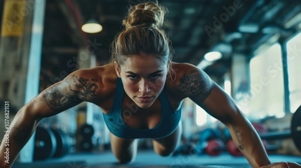 Obraz A determined woman in athletic wear performs a push-up exercise, looking directly at the camera. She has a strong physique with visible muscles and tattoos on her arm. .