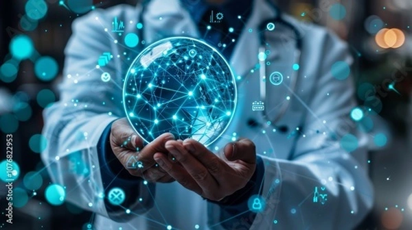 Obraz A doctor in a white coat holds a glowing digital globe representing global healthcare, medical advancements, and interconnectedness.