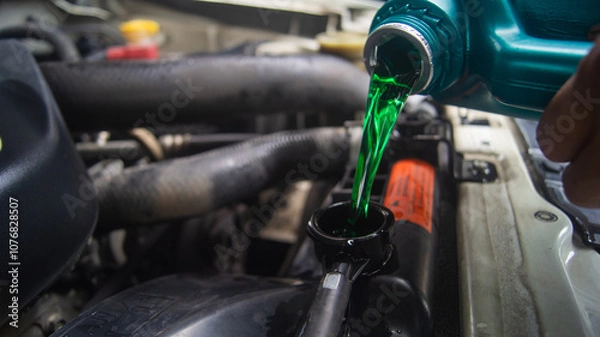 Obraz Closeup of changing the coolant of a car radiator in the engine bay of a pickup truck. Emerald green oil poured from a gallon.