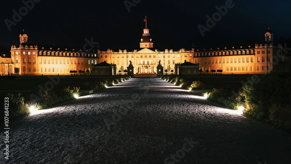 Fototapeta Night panorama of Karlsruhe Castle with the lights illuminating the avenue in the park. Karlsruhe, Germany, Baden-Württemberg.
