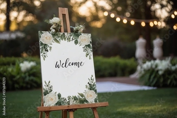 Fototapeta A blank white welcome sign mockup, size is 24 by 36 inches in portrait orientation, on an easel during a wedding party