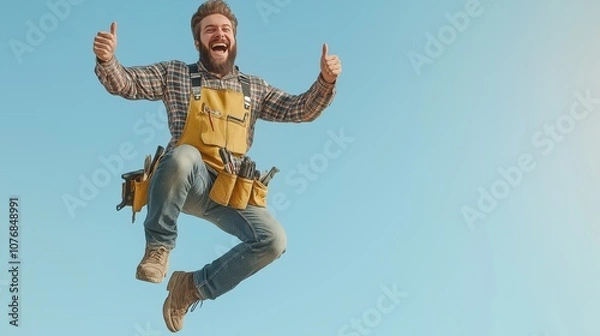Fototapeta A joyful craftsman celebrates his work by jumping in the air against a bright blue background. He wears a checkered shirt and a tool-laden apron, showcasing enthusiasm and creativity.