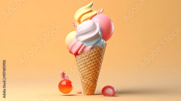 Fototapeta Awesome Ice cream cone, sweet dessert, studio shot on pastel background