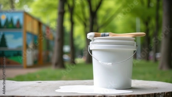 Fototapeta Bucket of paint for wall art and murals. A paintbrush rests on a white bucket with a nature painting in the background, creating an artistic and serene scene.