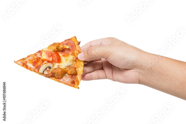 Obraz ręka trzyma smaczną aromatyczną pizzę na białym tle