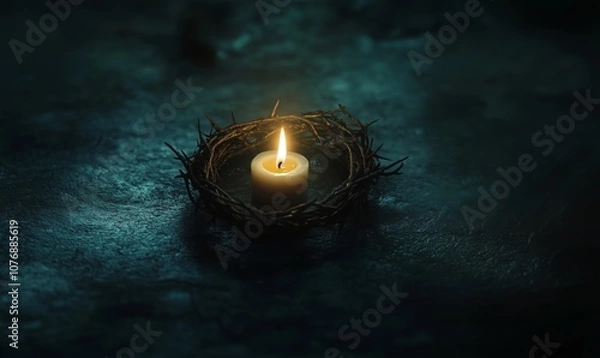 Fototapeta A crown of thorns placed on a simple wooden surface by candlelight