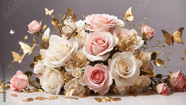 Obraz A large arrangement of pink and cream roses, decorated with gold butterflies and leaves.

