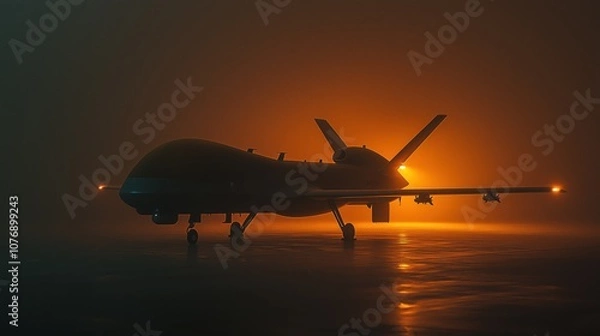 Fototapeta A sleek drone with advanced technology awaits deployment for surveillance operations in a tranquil outdoor environment