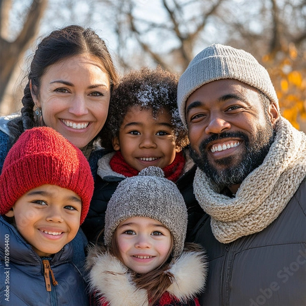 Fototapeta Portrait of a multi-racial family in winter. Wearing winter attire at a park.