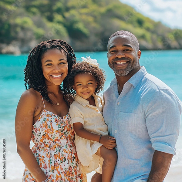 Obraz Multi-racial family portrait at a Caribbean beach with out-of-focus lush mountains.