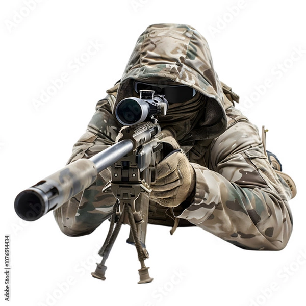 Fototapeta Camouflaged sniper lying in prone position aiming with a rifle isolated on white background
