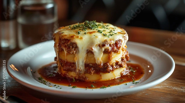 Fototapeta A mouthwatering photograph of lasagna, perfectly stacked and centered on the plate with layers of fresh pasta noodles filled with a rich meat sauce and melted cheese, garnished elegantly with herbs fo