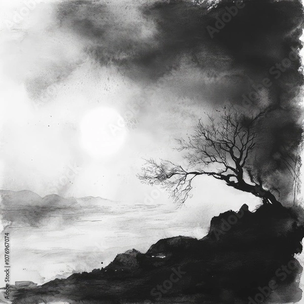 Obraz A dramatic landscape featuring a solitary tree against a moody backdrop of mist and a glowing sun. Perfect for artistic expression.