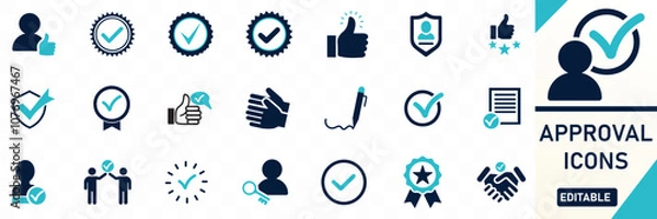 Fototapeta Approval icons set Containing accept, certified, thumps up, agreement, approve, Solid flat vector icon collection.