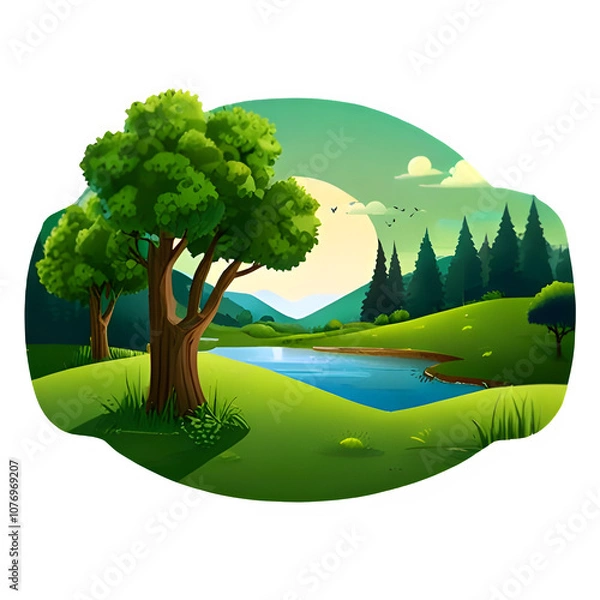 Obraz Beautiful Digital Illustration of Green Landscape with Trees - Nature Scene Design