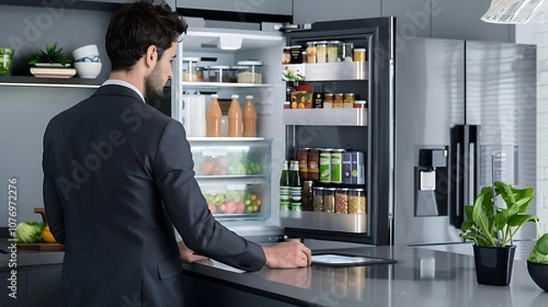 Fototapeta A businessman in a sleek modern kitchen, using a smart refrigerator with a touchscreen display showing grocery lists and meal planning suggestions based on dietary preferences.