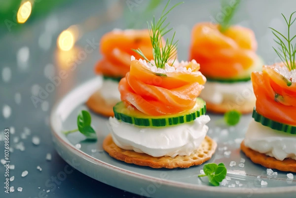 Obraz Delicious salmon appetizers elegantly arranged on crackers topped with creamy cheese, cucumber slices, and fresh dill, perfect for a festive gathering or special occasion