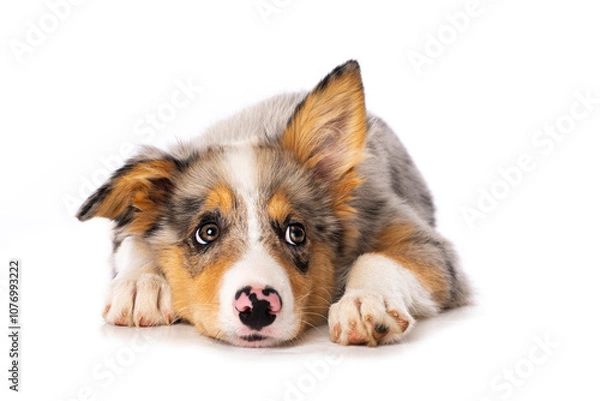 Fototapeta Cute Border collie puppy lying isolated on white and looks up