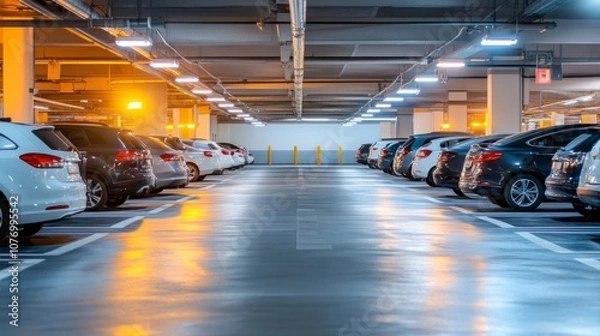 Fototapeta A brightly lit underground parking lot, parked vehicles arranged neatly, soft shadows creating depth