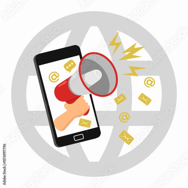 Obraz Influence marketing. The phone through which the advertisement is broadcast from a megaphone.